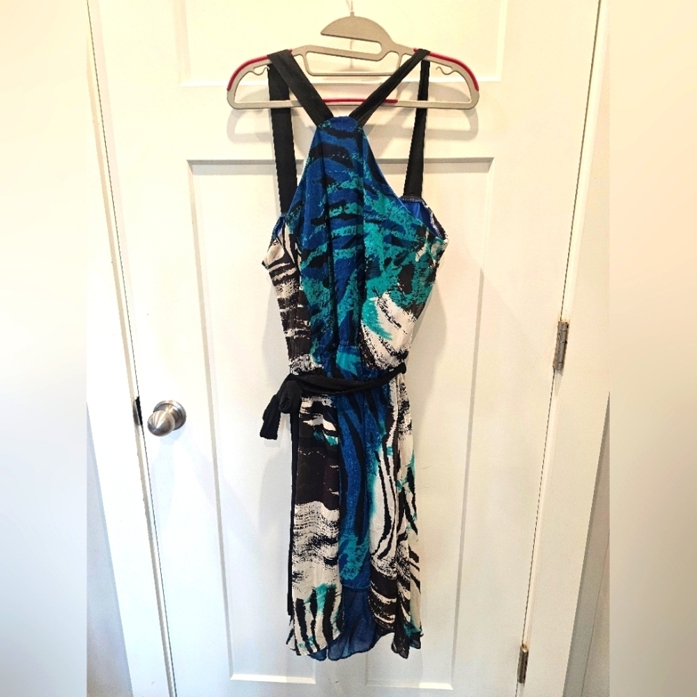 Bisou Bisou Blue Abstract Print Halter Dress Size 10 Michele Bohbot